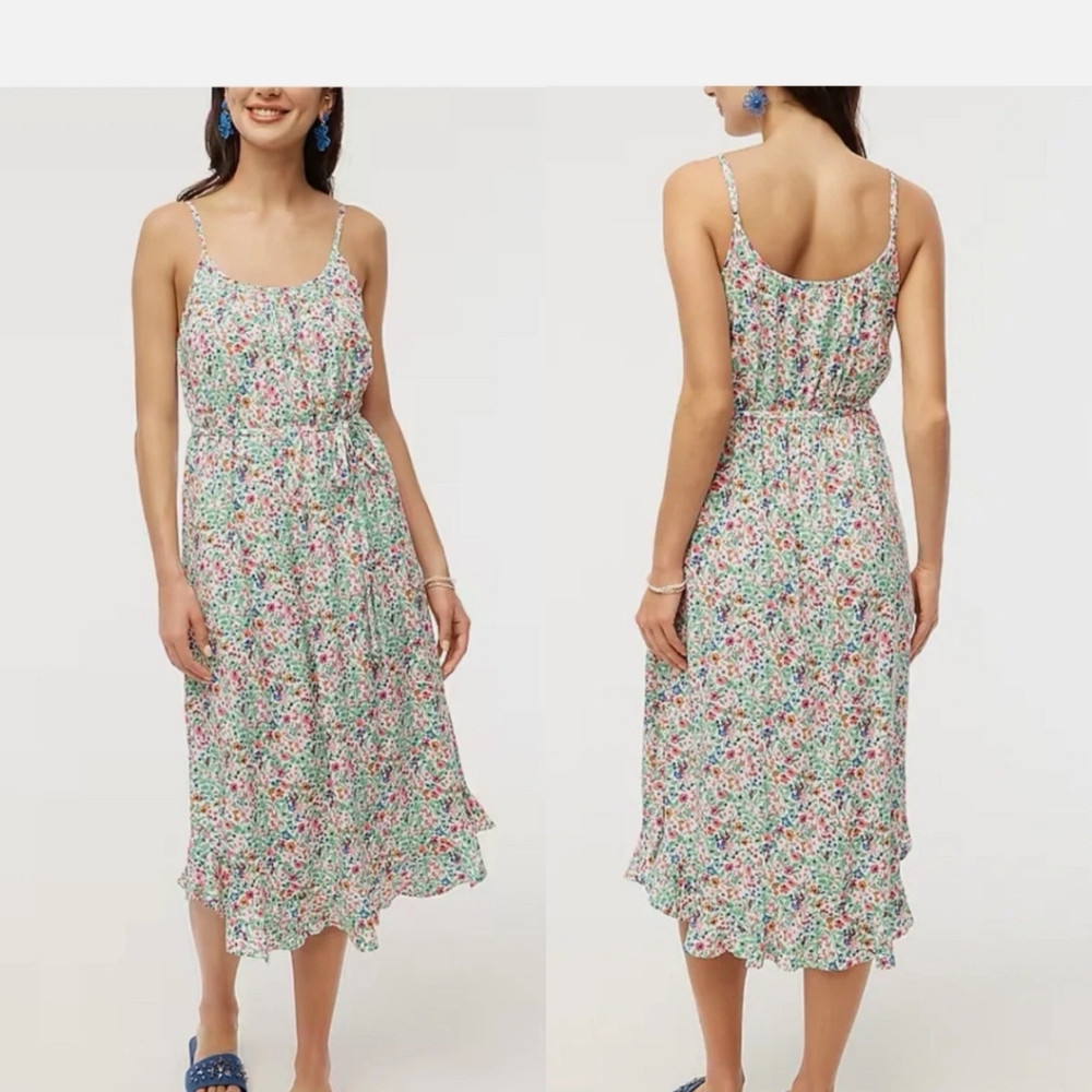 J.CREW Midi Dress Women 8 Floral Ruffle Curved Hem Tie-Waist Viscose
